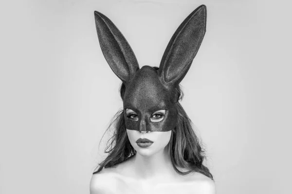 Easter bunny woman in black lace mask. Egg hunt. Rabbit ears. — Stock Photo, Image
