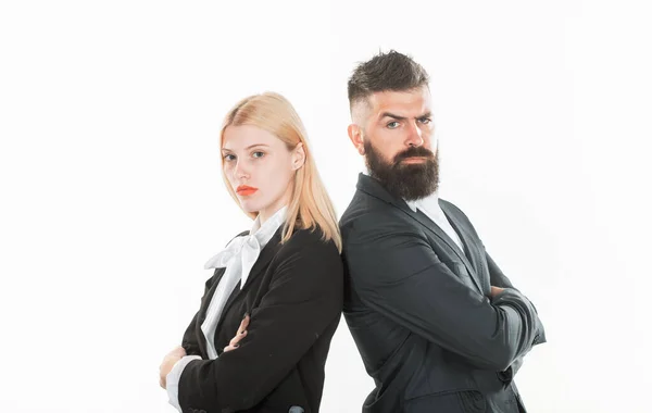 Geschäftsleute arbeiten zusammen. Geschäftsmann isoliert - schöner Mann mit Frau auf weißem Hintergrund. Geschäftskonzept. — Stockfoto