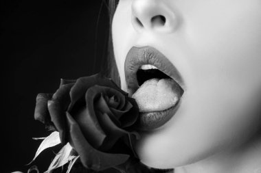 Dudakları rujla yakın plan. Gül dudaklı güzel kadın dudakları. Kırmızı güllü kadın, makro, siyah arka planda..