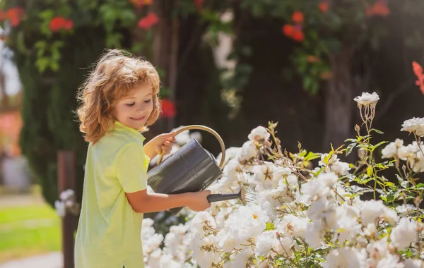 Παιδικά αμερικάνικα παιδιά. Παιδικό πότισμα λουλουδιών στον κήπο. Κηπουρική — Φωτογραφία Αρχείου