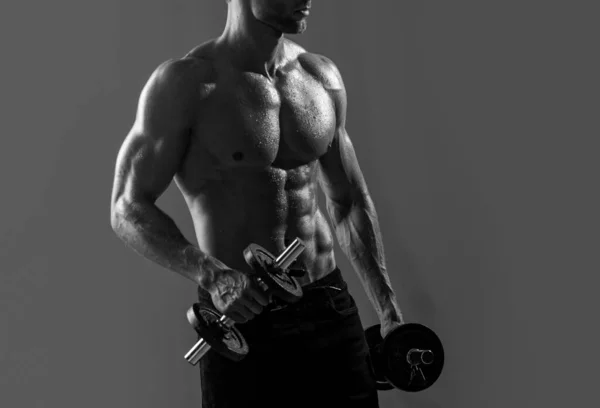 Torso deportivo, hombre con mancuernas. Poder, fuerza y estilo de vida saludable, deporte. Potente entrenador hombre musculoso atractivo hacer ejercicio. — Foto de Stock