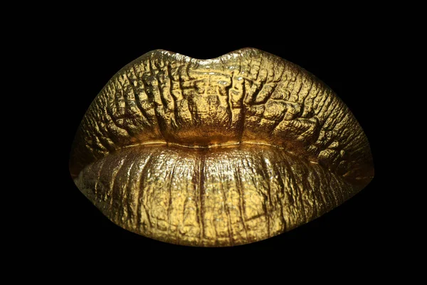 Icona delle labbra. Trucco d'oro. Labbra sexy colorate, arte dorata. Trucco lucente d'oro in labbra. Isolato su nero. — Foto Stock