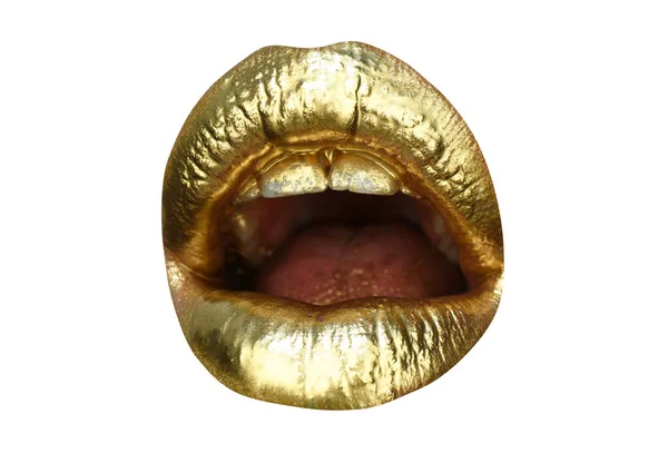 Ícone da boca. Maquiagem de lábios de ouro de luxo. Lábios dourados com batom dourado. Pintura de ouro em lábios de menina sexy. Sensual mulher boca, fundo isolado. — Fotografia de Stock
