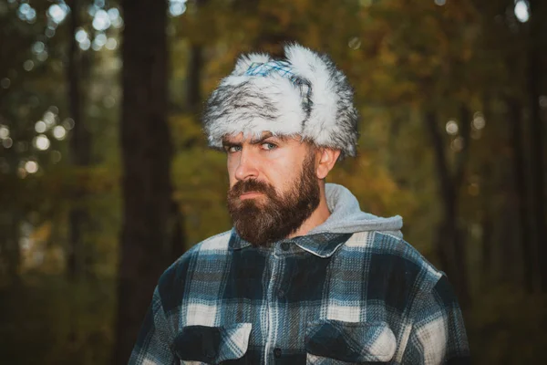 Having Doubts Suspicious Bearded Man Whit Pensively Look Autumn Forest — Stock Photo, Image