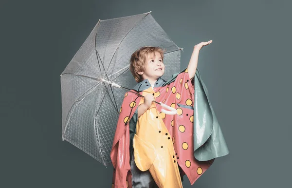 Chico divirtiéndose con Leaf Fall. Niño alegre en impermeable con paraguas colorido. Un hombrecito guapo preparándose para el otoño. Venta para toda la colección de otoño, descuentos increíbles . — Foto de Stock