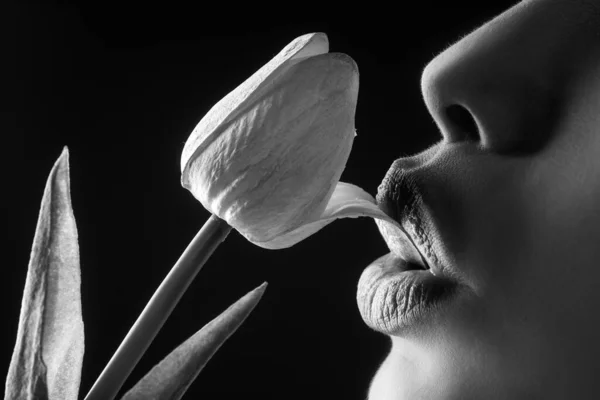 Sexy lesbian foreplay. Lip with tulip flower. Blowjob and kiss. Sexy female mouth and spring flower. Oral sex concept. — Stock Fotó
