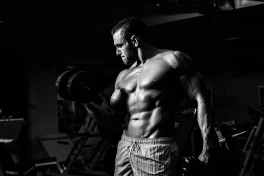 Vücut geliştirici, spor salonunda dambıl egzersizleri yapıyor. Gövdesiz sporcu. Sportif egzersiz. Atletik vücut.