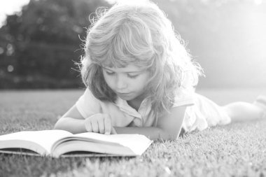 Çocuk tatilde rahatlar. Çocuk çim arka planı hakkında kitaplar okudu.