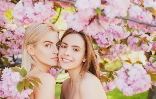 Κορίτσια με άνθη σακούρα κεράσι ανθίζουν. Εξωτερική closeup πορτρέτο των νέων όμορφο αισθησιακό κορίτσια μόδας ποζάρουν κοντά σε ανθισμένο δέντρο με ροζ λουλούδια. — Φωτογραφία Αρχείου
