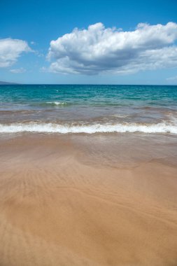 Plaj geçmişi. Kumlu sahilde sakin, güzel bir okyanus dalgası. Tropikal deniz manzarası.