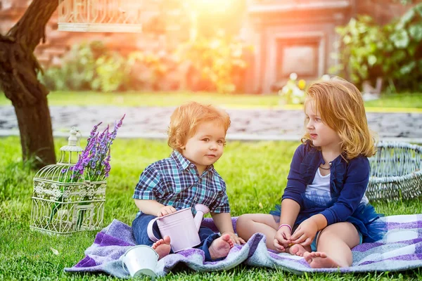 Niños en pirnic. Bebé jugando en hierba verde. Niño divirtiéndose en picnic familiar en el jardín de verano. Hermano y hermana juegan juntos en un prado verde. —  Fotos de Stock