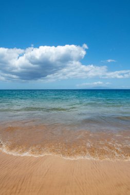 Plaj geçmişi. Kumlu sahilde sakin, güzel bir okyanus dalgası. Tropikal deniz manzarası.