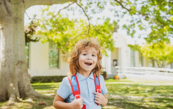 Учень початкової школи з книгою в руці біля шкільного парку. Школярка з рюкзаком біля будинку на відкритому повітрі. Початок уроків . — стокове фото