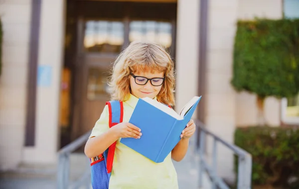 Petit garçon joyeux avec grand sac à dos et livre s'amuser contre l'école. Je retourne à l'école. Concept d'éducation et de lecture. — Photo