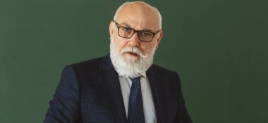 Kendine güvenen öğretmen ya da profesör. İnsanların bilim adamı mesleği konsepti. Boşluğu karatahtaya, tahtaya, panoya kopyala.