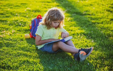 Çimlerin üzerinde kitap okuyan sevimli çocuk. Çocuk yaz parkında kitap okuyor. Öğrenme kavramı.