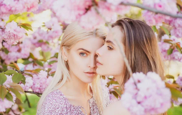 Ανοιξιάτικη μόδα. Πορτρέτο δύο όμορφων αισθησιακών σέξι γυναικών σε άνθη κερασιάς. — Φωτογραφία Αρχείου