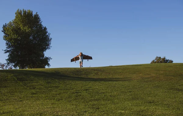 Niño viajero con alas de mochila al aire libre. Niño jugando piloto aviador y sueños al aire libre en el parque. — Foto de Stock