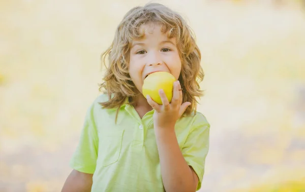 Kind kind eten appel fruit outdoor herfst natuur gezond buiten. — Stockfoto