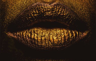 Yaklaş altın dudaklar, yaklaş. Altın metal dudak. Güzel makyaj. Güzel kadın ağzında altın dudak parlatıcısı, yakın plan. Kadın dudaklarının duygusal biçimi.