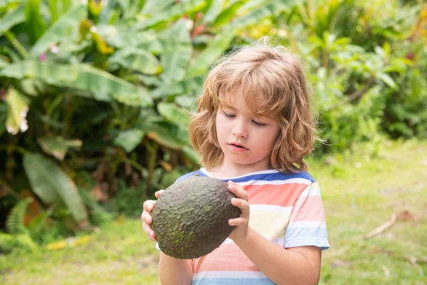 Bonito menino segurar abacate, close up retrato no fundo da natureza. — Fotografia de Stock