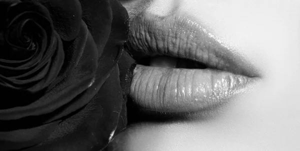 Lippen van dichtbij met rode roos. Cosmetica maken reclame. Mooie vrouwelijke perfecte rode lippen. — Stockfoto