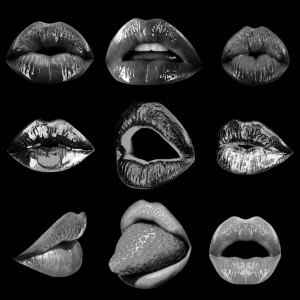 Collage sexy seducción mujer boca, lamer la pasión y sensual chupar. Conjunto de labios seducción tentación pasión deseo. Diseño abstracto de arte, banner. Aislado sobre fondo negro. —  Fotos de Stock