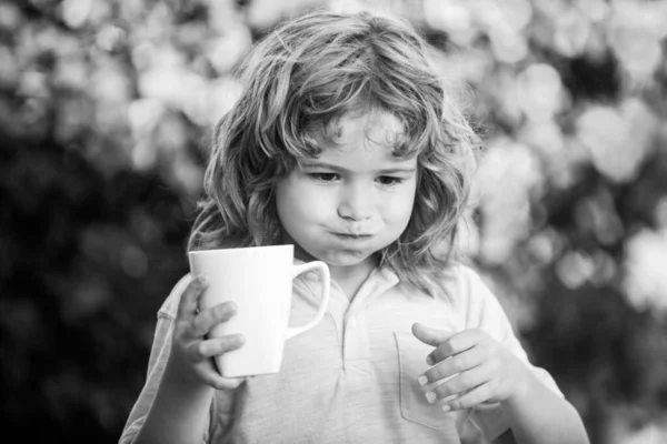 Dziecko pijące herbatę lub wodę w ogrodzie podwórkowym. Uzdrawianie dzieci i ochrona odporności przed sezonowym wirusem, koncepcja dzieci zdrowia. — Zdjęcie stockowe