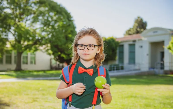 학교의 아동 개념. 애송이 같은 학생, 학교 유니폼을 입고 야외에 가방을 들고 있는 꼬마. 초등학생의 모습. — 스톡 사진