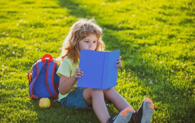 Küçük çocuk yaz gün batımında kitap okuyor..