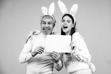 Arkadaşlığın için mutlu Paskalyalar. Tavşan: üzgün tavşan çift. Mutlu Paskalya tavşanı erkek ve kadın portresi yazı için tahta kağıdı tutuyor. Mavi arka plandaki Paskalya tavşanı çifti izole edildi.