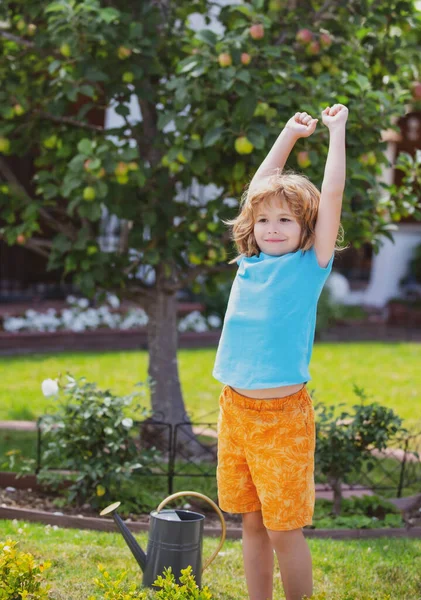 Cute curly little boy child working in the garden watering flowers. Concept of plant growing learning activity for school kid. Child education of nature. — Stock Photo, Image