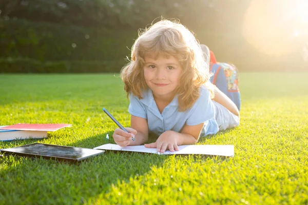 Симпатичный мальчик пишет заметки в блокноте, лежа на траве на лугу. Ребенок читает книгу в летнем парке. — стоковое фото