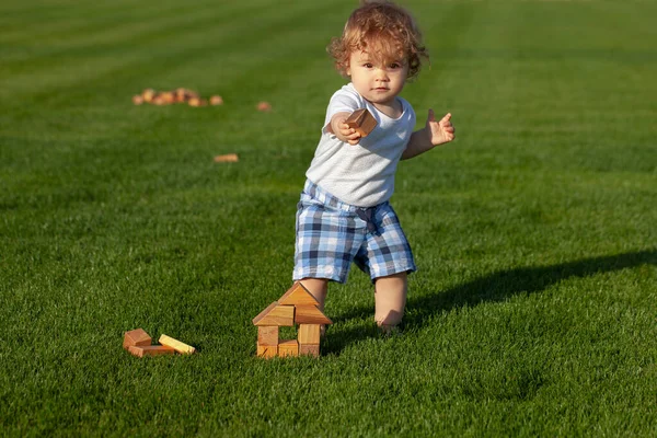 Baby child in grass on the fieald at summer. Cute kid walking outdoors. Baby walking in park. — Stock Photo, Image