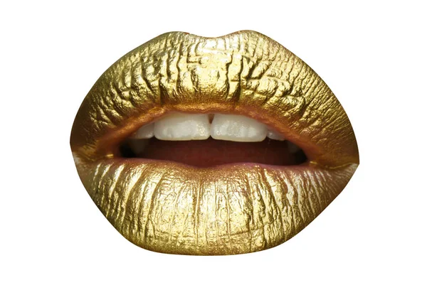 Luxury gold lips make-up. Golden lips with golden lipstick. Gold paint on lips of sexy girl. Sensual woman mouth, isolated background. — Stock Photo, Image