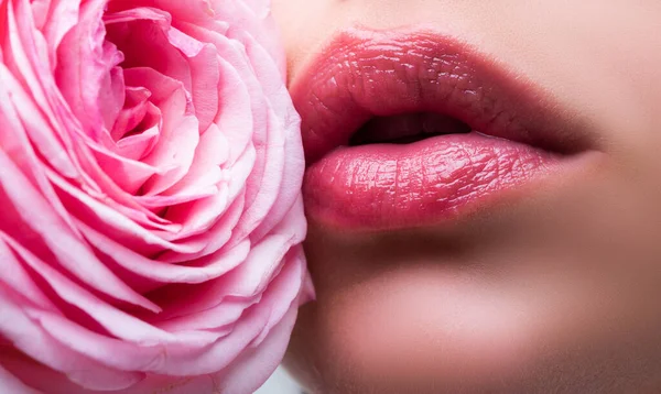 Lábios com fecho de batom. Close up mulher sexy lábios naturais e rosa rosa. Lábios de mulher bonita com rosa. — Fotografia de Stock