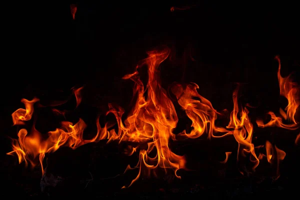 Fuego llama llamas sobre fondo negro. Fuego quemar llama aislada, textura abstracta. Efecto explosión llameante con fuego ardiente. —  Fotos de Stock