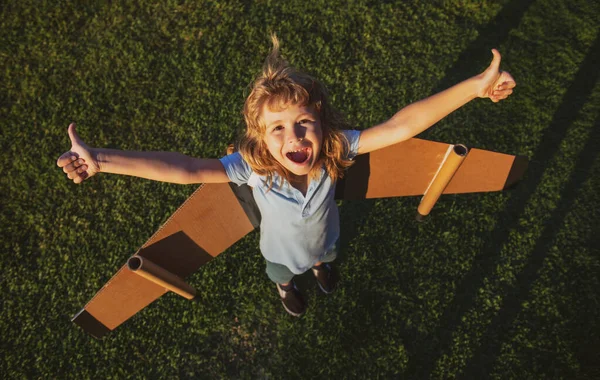 Garoto engraçado excitado voando em avião feito de asas de papelão. Sonho, imaginação, infância. O rapaz sonha em voar. Criança despreocupada brincando ao ar livre. — Fotografia de Stock