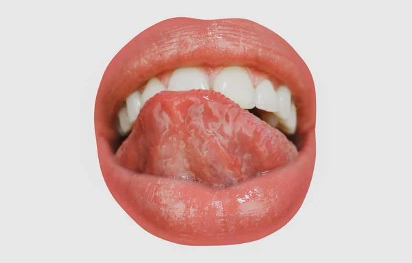 Lamiendo labios sexy, boca abierta con labios rojos femeninos e icono de la lengua. —  Fotos de Stock