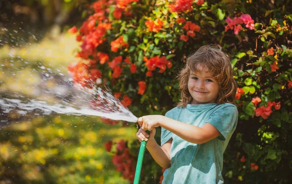 Αστείο αγοράκι που παίζει με λάστιχο κήπου στην πίσω αυλή. Το παιδί διασκεδάζει με το σπρέι νερού. Θερινή υπαίθρια δραστηριότητα για παιδιά. — Φωτογραφία Αρχείου