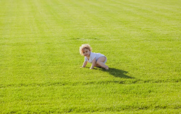 かわいい面白い赤ちゃんの男の子は、庭の芝生で遊んで楽しんで、一歩を這うことを学ぶ。公園内の暖かい春の時間. — ストック写真