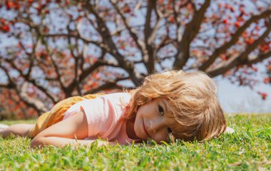 Küçük çocuk parkta çimlerin üzerinde yatıyor. Sonbahar çocukları, sonbahar yaprakları.
