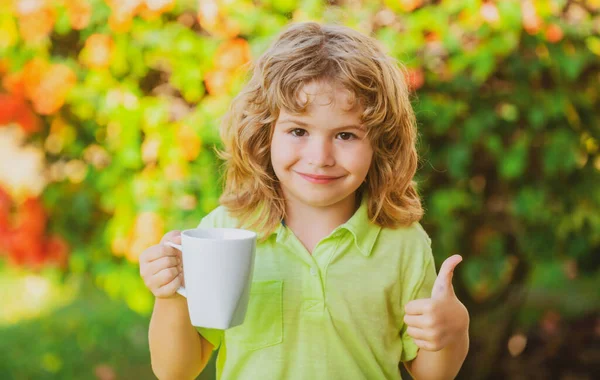 裏庭でお茶や水を飲む子供。子供を癒し、季節のウイルスから免疫を保護する、健康子供の概念. — ストック写真