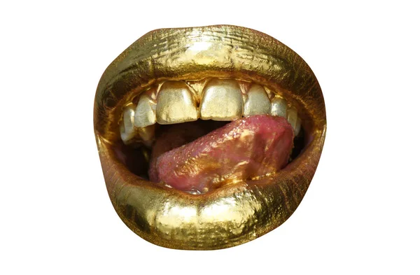 Sexy chica labios dorados, boca de oro. Maquillaje de piel dorada brillante. Brillo metálico brillo dorado maquillaje de brillo de labios. Labio de metal dorado. —  Fotos de Stock