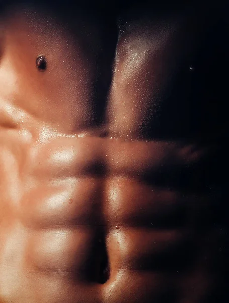 Muskulöser Sixpack, Körper in Großaufnahme. Banner-Vorlagen mit muskulösem Mann, muskulösem Oberkörper, Sixpack Bauchmuskeln. Muskelkörper eines starken Mannes. — Stockfoto