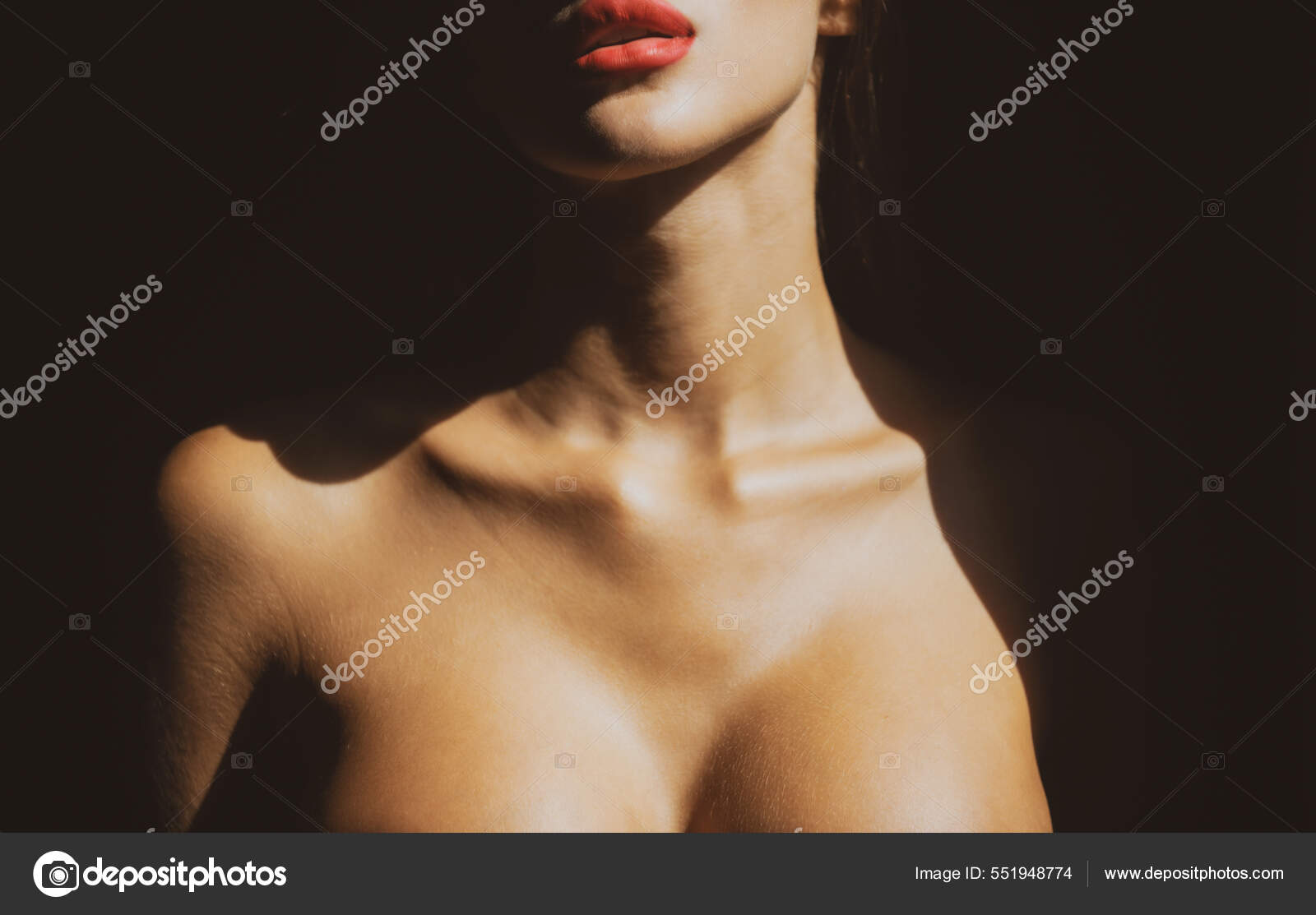 Sexy lips and tits boobs, breast. Beautiful young woman portrait on black.  Sensual face of elegant female model in studio. Elegant lady. fotos,  imagens de © Tverdohlib.com #551948774