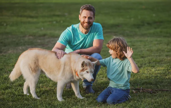 Família feliz está se divertindo com o cão husky. Pai feliz e seu filho brincando com o cão no parque. — Fotografia de Stock
