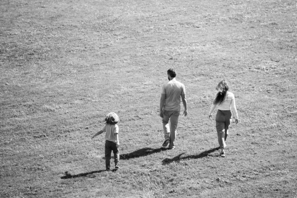 家庭生活の中での幸福と調和。夏の散歩で幸せな家族。公園を歩き、美しい自然を楽しむ父の母親と子供. — ストック写真