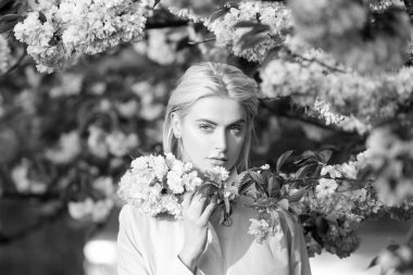 Kirazlı sakura çiçekli kız. Açık hava portresi. Güzel, şehvetli moda kızları. Çiçekli bir ağacın yanında pembe çiçeklerle poz veriyorlar..