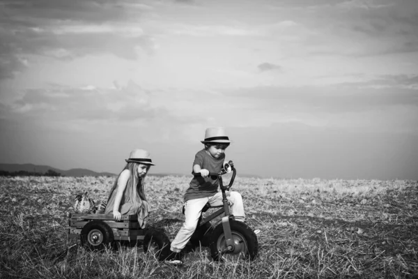 Little kid outdoor. Happy moments. Children has summer joy. Beautiful fun day for cute friends in nature. While having fun outdoors. Only fun is on my mind. — Stock Photo, Image